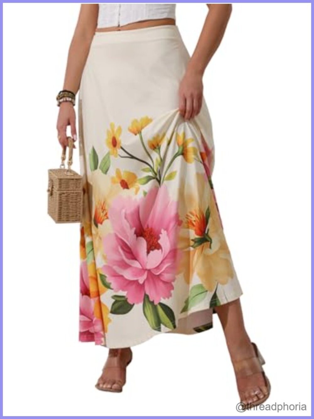 A-Line High Waist Floral Midi Skirt with Pockets Lightweight Summer Casual